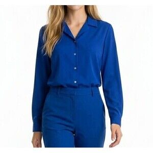 Vtg Women’s Top Shirt Navy Blue Medium Button Down